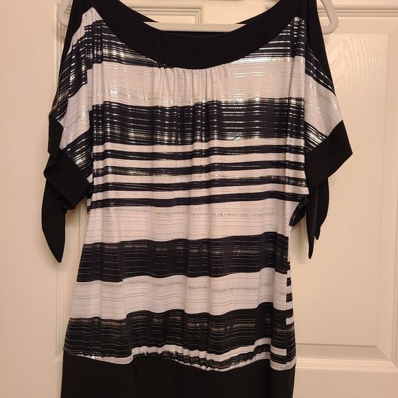 Lollol Black & White Striped Silver Detail Cold Shoulder Blouse - Picture 1 of 6